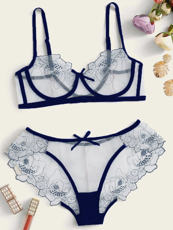 Hollow Love Lace Three-Piece Lingerie Set – Sexy Floral Design, High Elasticity