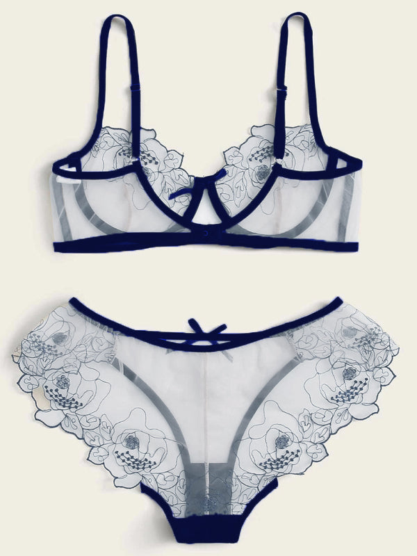 Hollow Love Lace Three-Piece Lingerie Set – Sexy Floral Design, High Elasticity