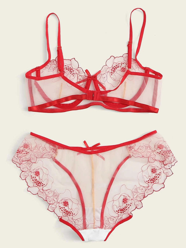 Hollow Love Lace Three-Piece Lingerie Set – Sexy Floral Design, High Elasticity
