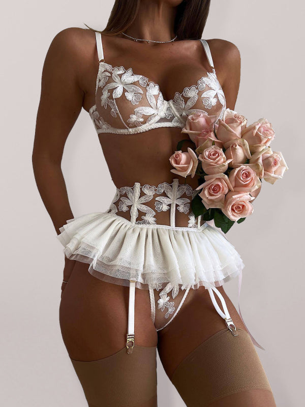 Embroidered Three-Piece Lingerie Set with Bra, Garter Belt & Mini Skirt