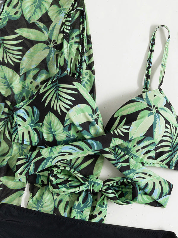 Tropical Print Bikini 3-Piece Set – Long Sleeve Cover-Up & Stretch Fabric