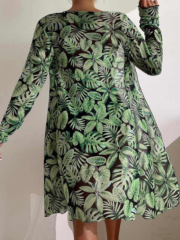 Tropical Print Bikini 3-Piece Set – Long Sleeve Cover-Up & Stretch Fabric