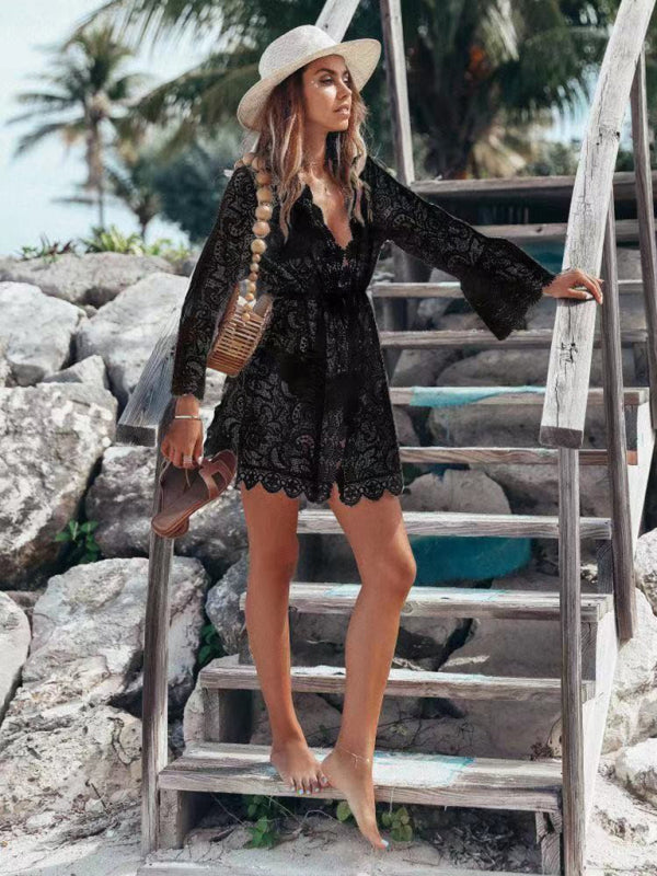 Sheer Lace Long Sleeve Chain-Link V-Neck Dress – High Waist, Sexy Fit Black