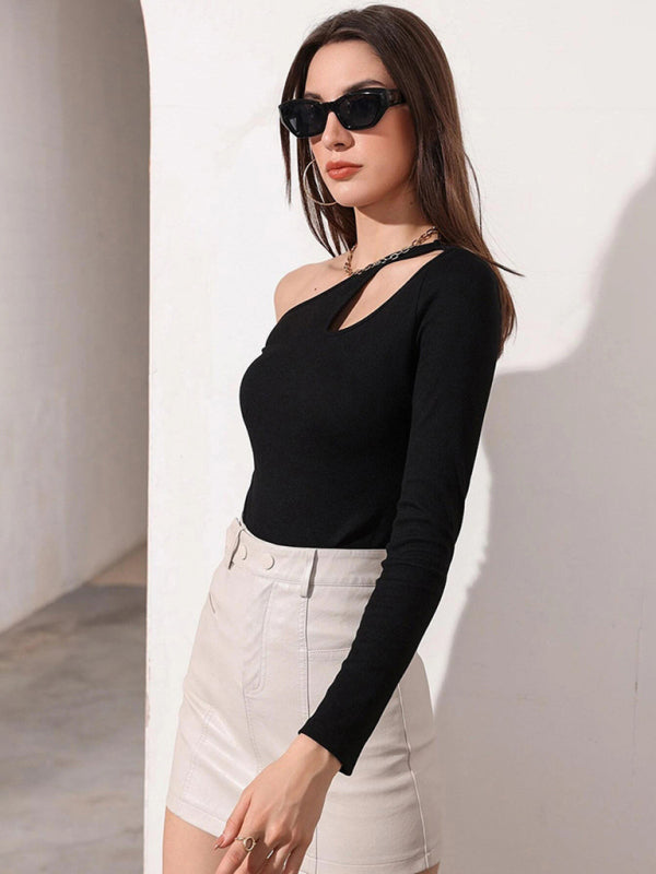 Women's Knitted Sexy Hollow Off Shoulder Long Sleeve T-Shirt