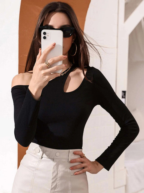 Women's Knitted Sexy Hollow Off Shoulder Long Sleeve T-Shirt