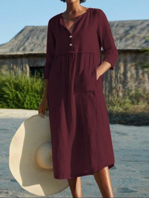 Cotton Linen Button Pocket Long Sleeve Dress Wine Red