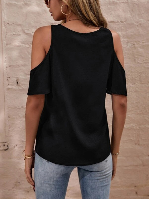 Lace Trim Off-Shoulder V-Neck Top – Short Sleeve