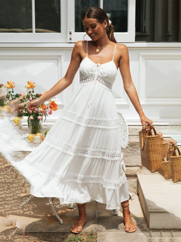 Bohemian High-Waist Paneled Lace Midi Dress – White Sling Style