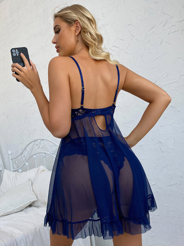 Lace V-Neck Suspender Lingerie Set – Sleeveless & Sheer Nightwear