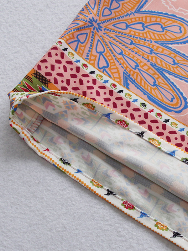 Boho Floral Midi Dress – Short Sleeve V-Neck High-Waist for Vacation & Resort