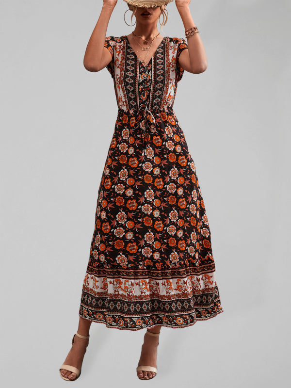 Bohemian V-Neck Maxi Dress – Woven High Waist, Short Sleeve Fit