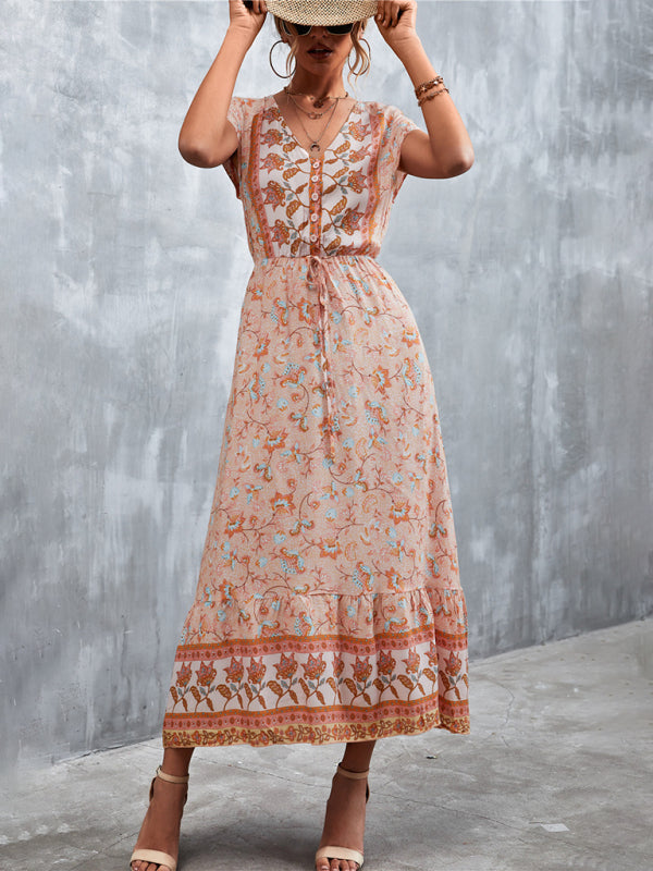 Bohemian V-Neck Maxi Dress – Woven High Waist, Short Sleeve Fit