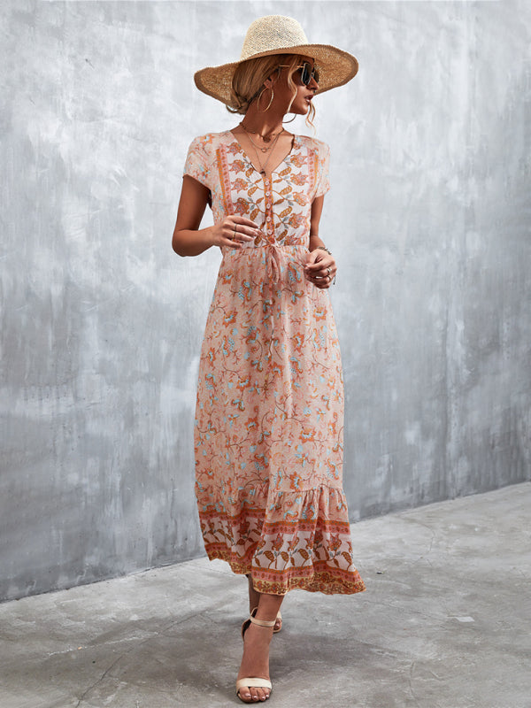 Bohemian V-Neck Maxi Dress – Woven High Waist, Short Sleeve Fit