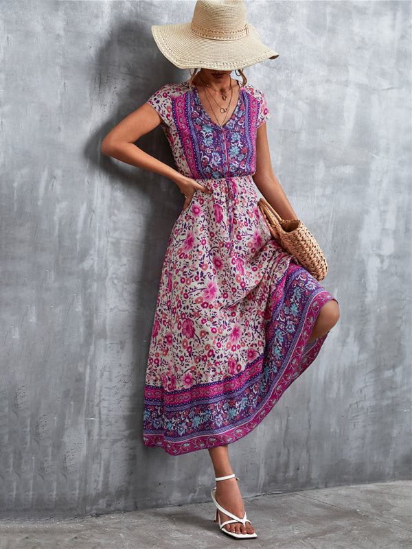 Bohemian V-Neck Maxi Dress – Woven High Waist, Short Sleeve Fit