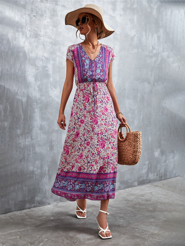 Bohemian V-Neck Maxi Dress – Woven High Waist, Short Sleeve Fit