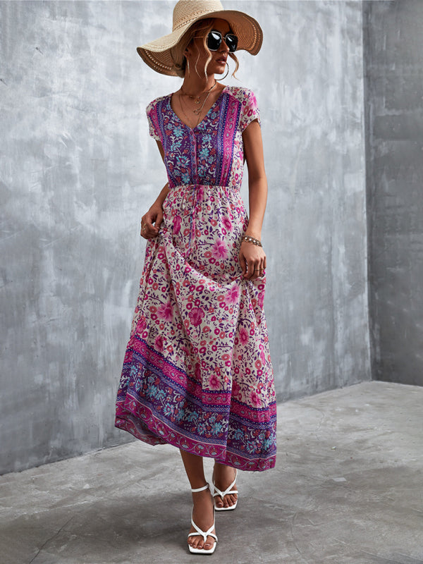 Bohemian V-Neck Maxi Dress – Woven High Waist, Short Sleeve Fit