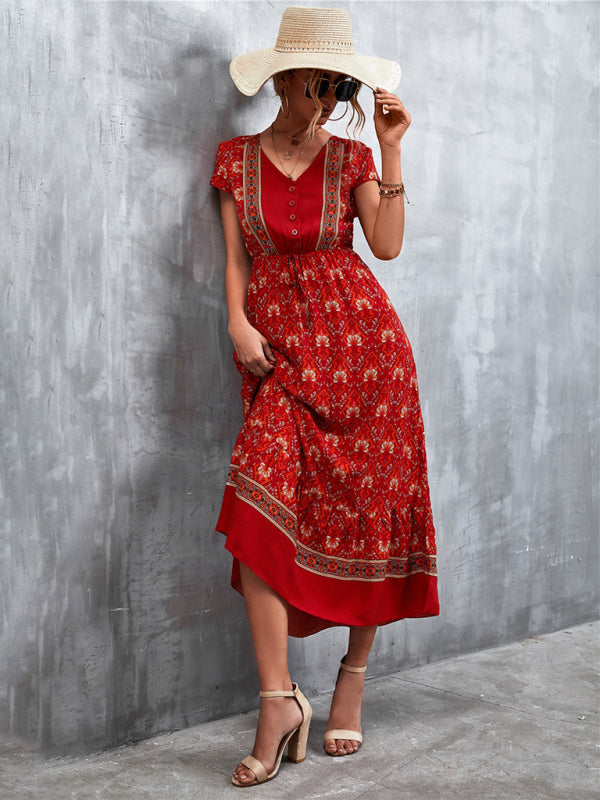 Bohemian V-Neck Maxi Dress – Woven High Waist, Short Sleeve Fit