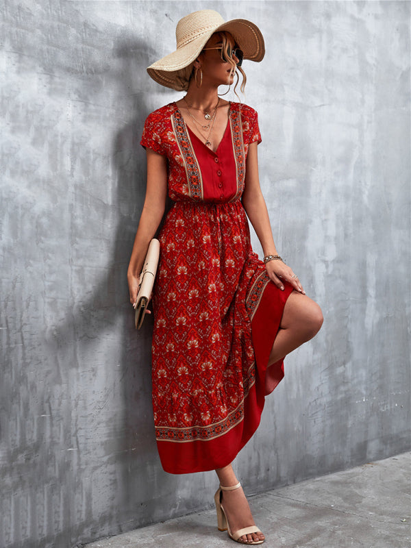 Bohemian V-Neck Maxi Dress – Woven High Waist, Short Sleeve Fit