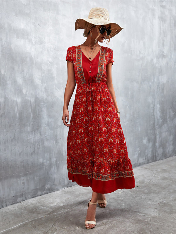 Bohemian V-Neck Maxi Dress – Woven High Waist, Short Sleeve Fit