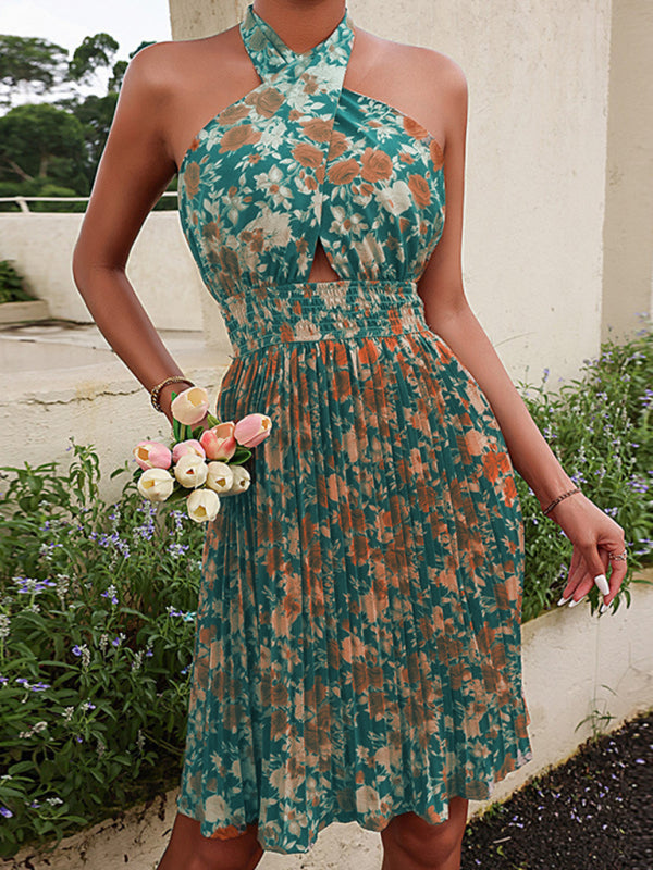 Floral Halter Neck Backless Maxi Dress – High Waist & Sleeveless