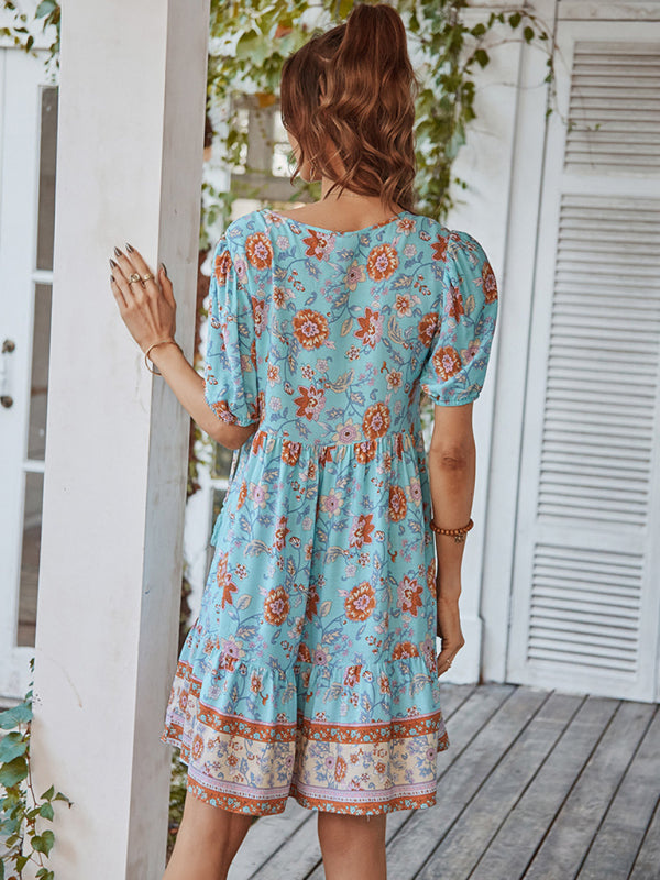Boho Floral V-Neck Resort Dress – Lightweight Viscose, Short Sleeves