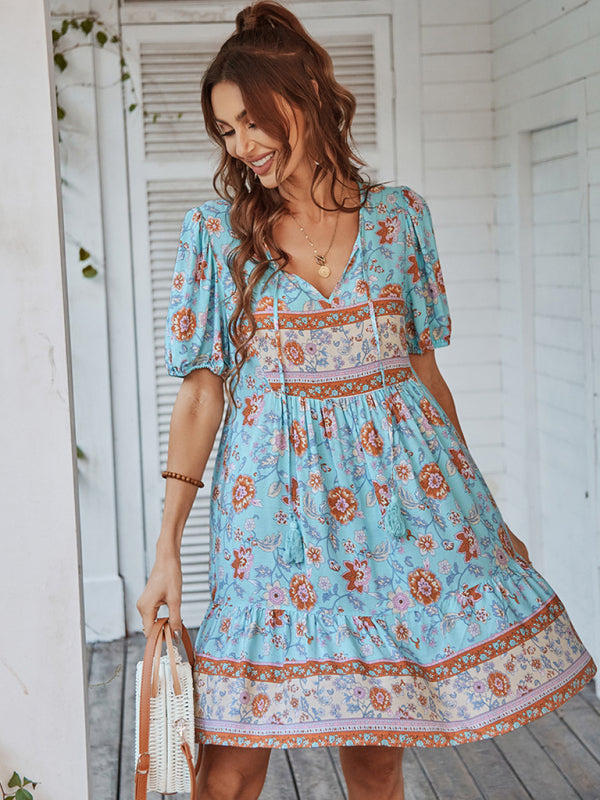 Boho Floral V-Neck Resort Dress – Lightweight Viscose, Short Sleeves