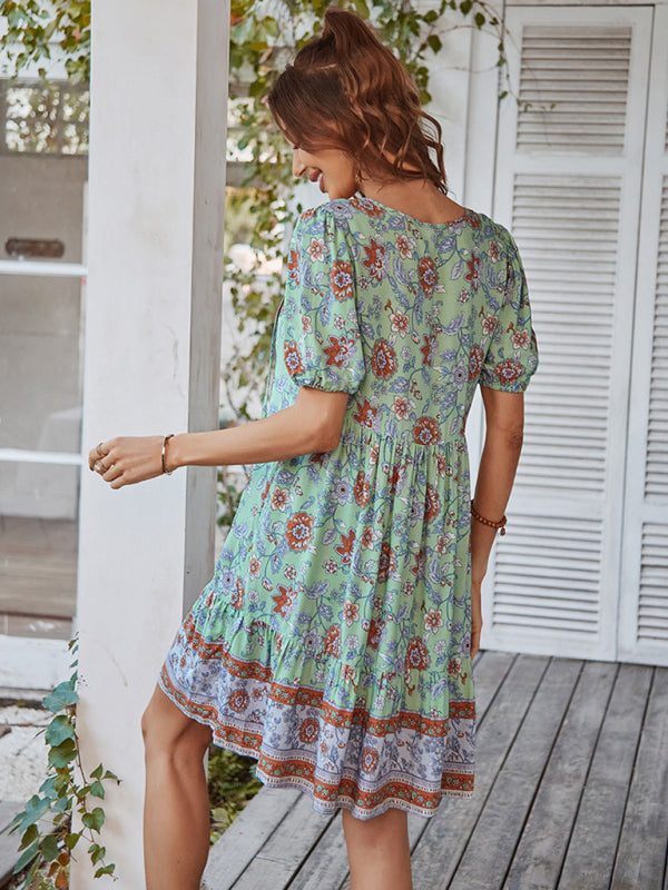 Boho Floral V-Neck Resort Dress – Lightweight Viscose, Short Sleeves