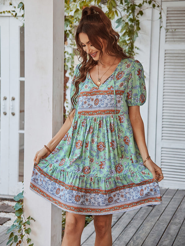 Boho Floral V-Neck Resort Dress – Lightweight Viscose, Short Sleeves