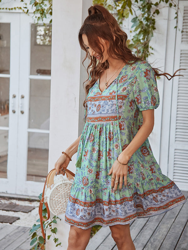 Boho Floral V-Neck Resort Dress – Lightweight Viscose, Short Sleeves