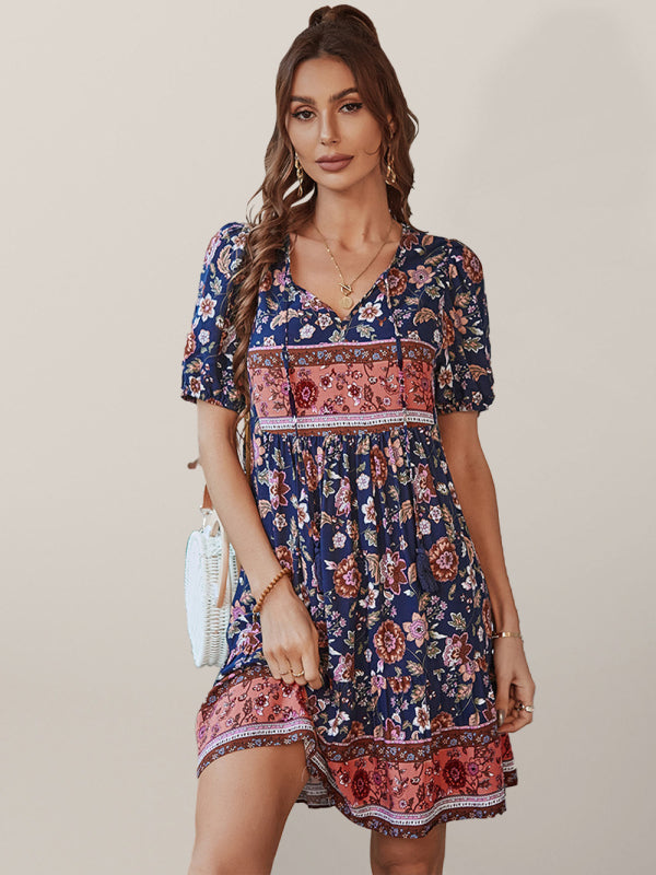 Boho Floral V-Neck Resort Dress – Lightweight Viscose, Short Sleeves