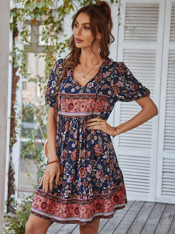 Boho Floral V-Neck Resort Dress – Lightweight Viscose, Short Sleeves