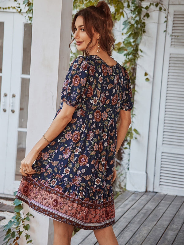 Boho Floral V-Neck Resort Dress – Lightweight Viscose, Short Sleeves