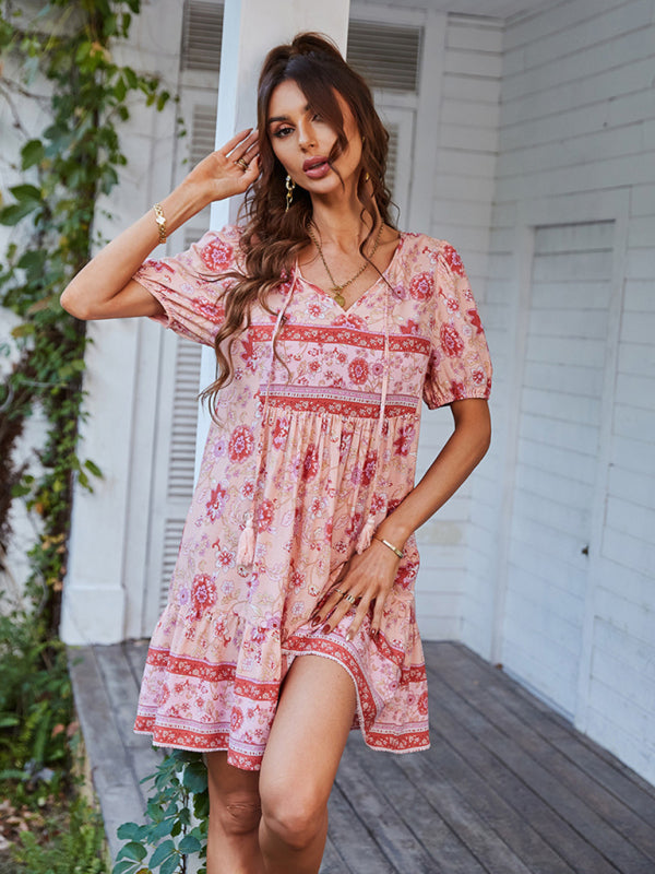 Boho Floral V-Neck Resort Dress – Lightweight Viscose, Short Sleeves
