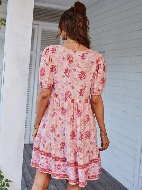 Boho Floral V-Neck Resort Dress – Lightweight Viscose, Short Sleeves