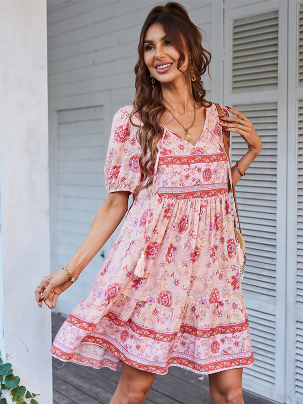 Boho Floral V-Neck Resort Dress – Lightweight Viscose, Short Sleeves