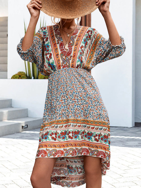 Bohemian V-Neck Open Back Dress – Flowy Fit, Woven Design, Vacation Ready