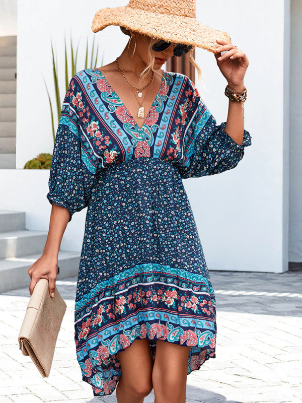 Bohemian V-Neck Open Back Dress – Flowy Fit, Woven Design, Vacation Ready
