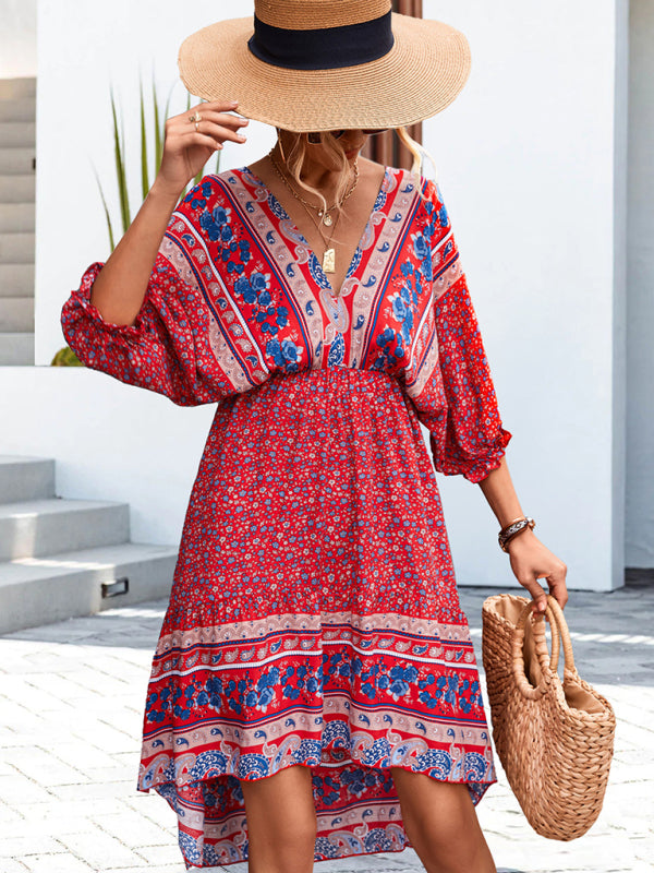 Bohemian V-Neck Open Back Dress – Flowy Fit, Woven Design, Vacation Ready
