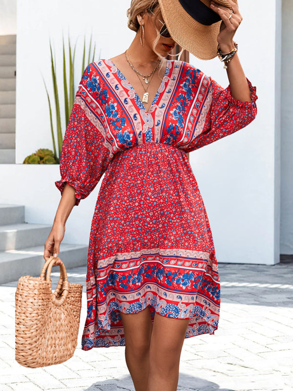 Bohemian V-Neck Open Back Dress – Flowy Fit, Woven Design, Vacation Ready