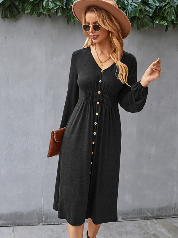 Waist-Slimming V-Neck A-Line Midi Dress – Long Sleeve Knit for Casual Days
