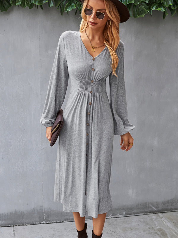 Waist-Slimming V-Neck A-Line Midi Dress – Long Sleeve Knit for Casual Days