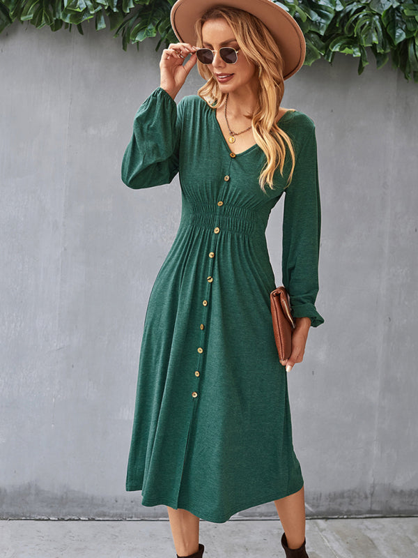 Waist-Slimming V-Neck A-Line Midi Dress – Long Sleeve Knit for Casual Days
