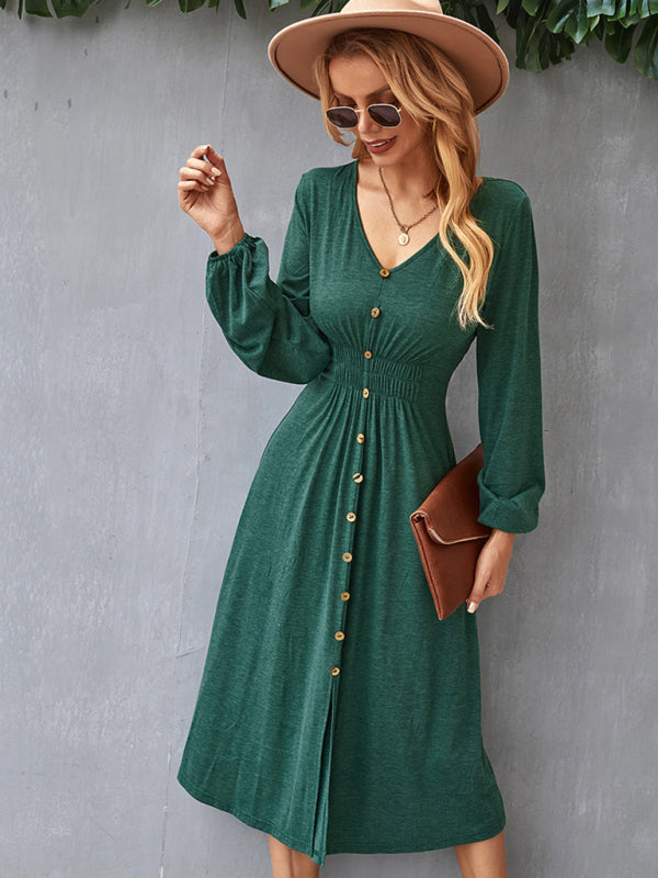 Waist-Slimming V-Neck A-Line Midi Dress – Long Sleeve Knit for Casual Days