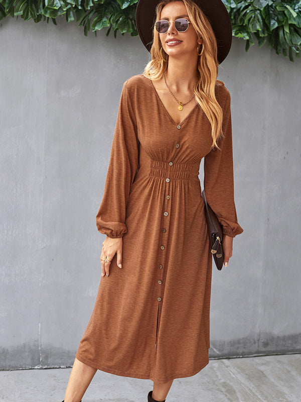 Waist-Slimming V-Neck A-Line Midi Dress – Long Sleeve Knit for Casual Days