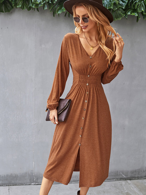 Waist-Slimming V-Neck A-Line Midi Dress – Long Sleeve Knit for Casual Days
