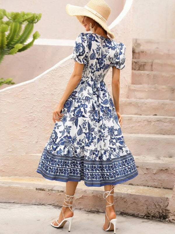Printed Puff-Sleeve Maxi Dress with Cross Neck – Elegant Spring-Summer Look