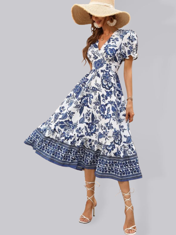 Printed Puff-Sleeve Maxi Dress with Cross Neck – Elegant Spring-Summer Look Blue