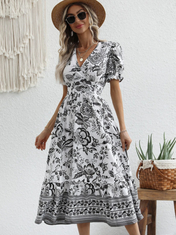 Printed Puff-Sleeve Maxi Dress with Cross Neck – Elegant Spring-Summer Look
