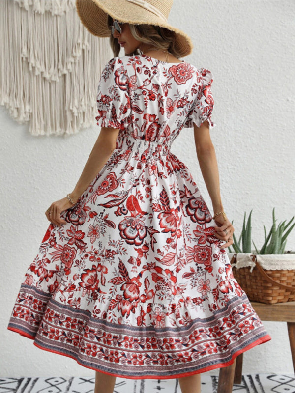 Printed Puff-Sleeve Maxi Dress with Cross Neck – Elegant Spring-Summer Look
