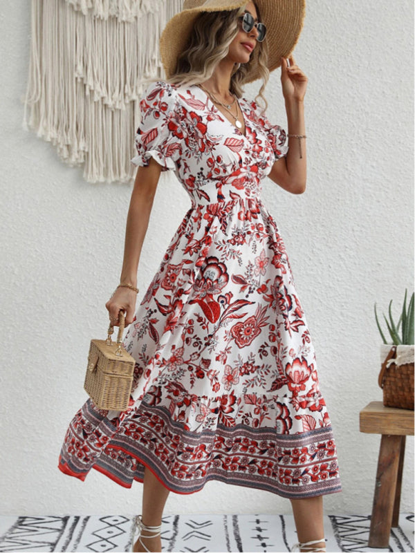 Printed Puff-Sleeve Maxi Dress with Cross Neck – Elegant Spring-Summer Look